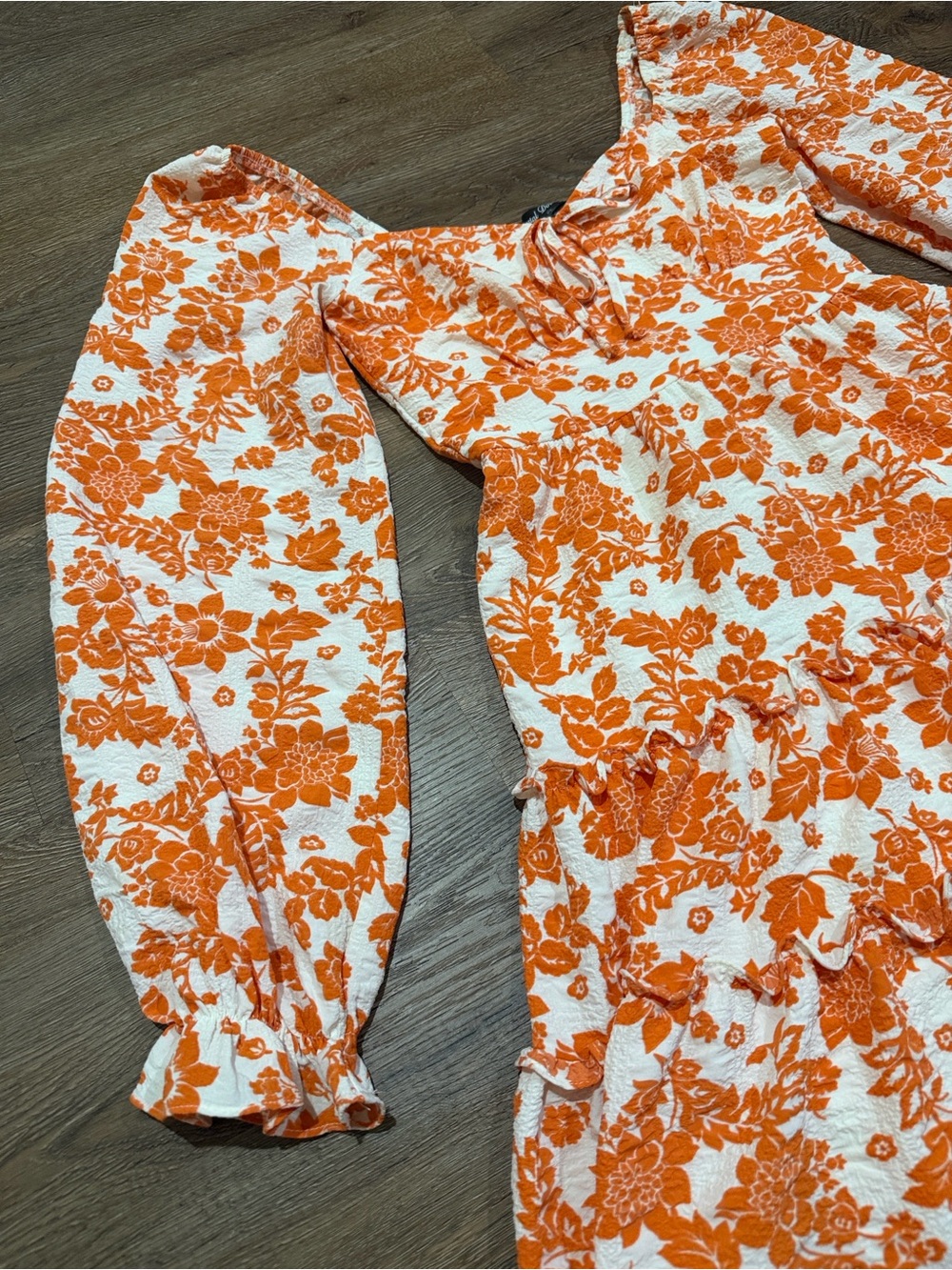 Crystal Doll Orange White Floral Smocked Tiered Ruffle Mini Dress XS - Picture 4 of 11